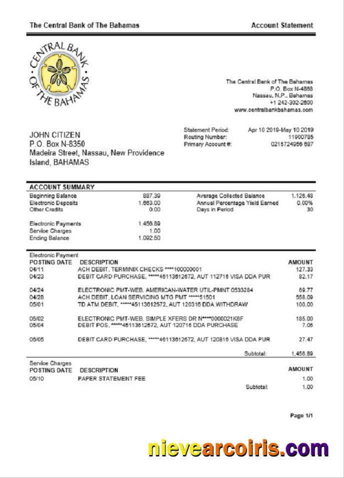 Bahamas The Central Bank of The Bahamas bank statement